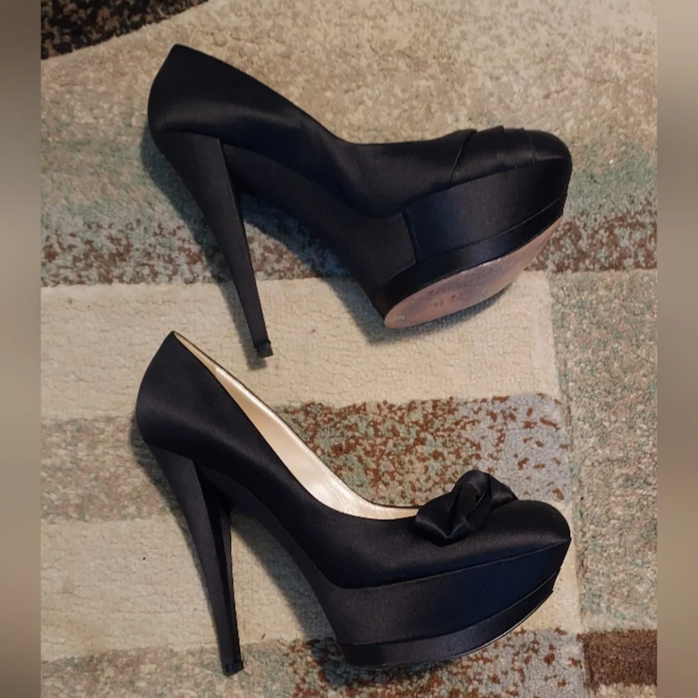 CASADEI Black Satin Platform High Heels With Bow Detailing Sz-10.5